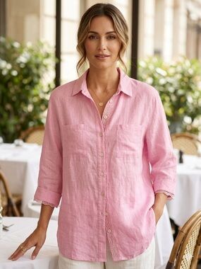 Relaxed Pink Linen Button-Down Shirt with Lace Trim